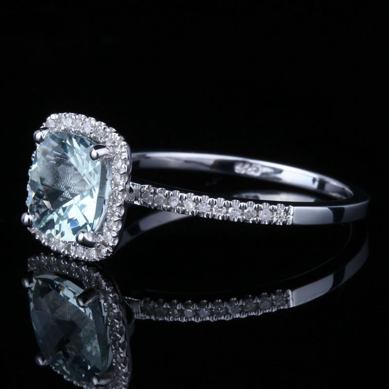 Aquamarine Diamond Halo Engagement Ring 14K White Gold