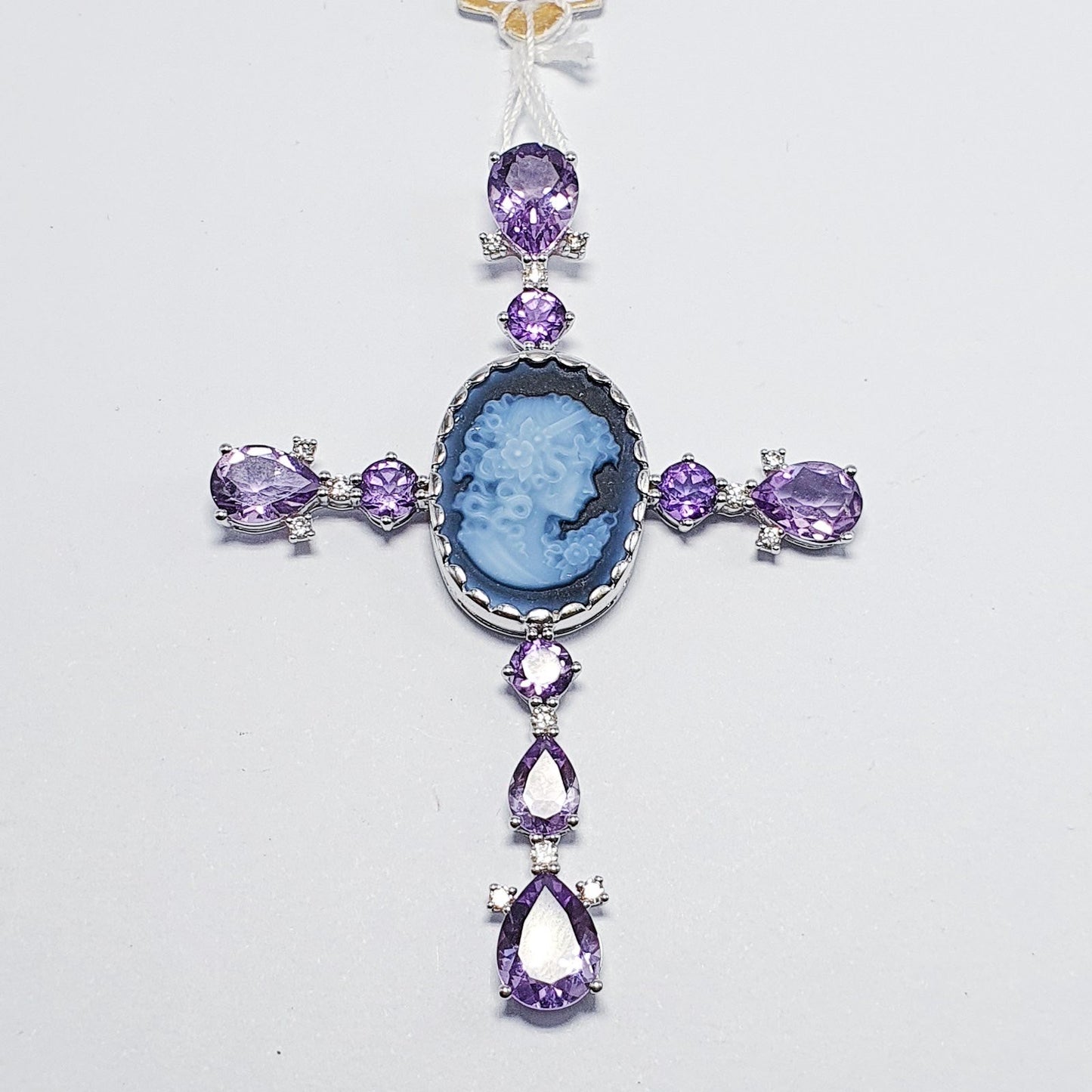 Amethyst Cameo Diamond Cross Pendant