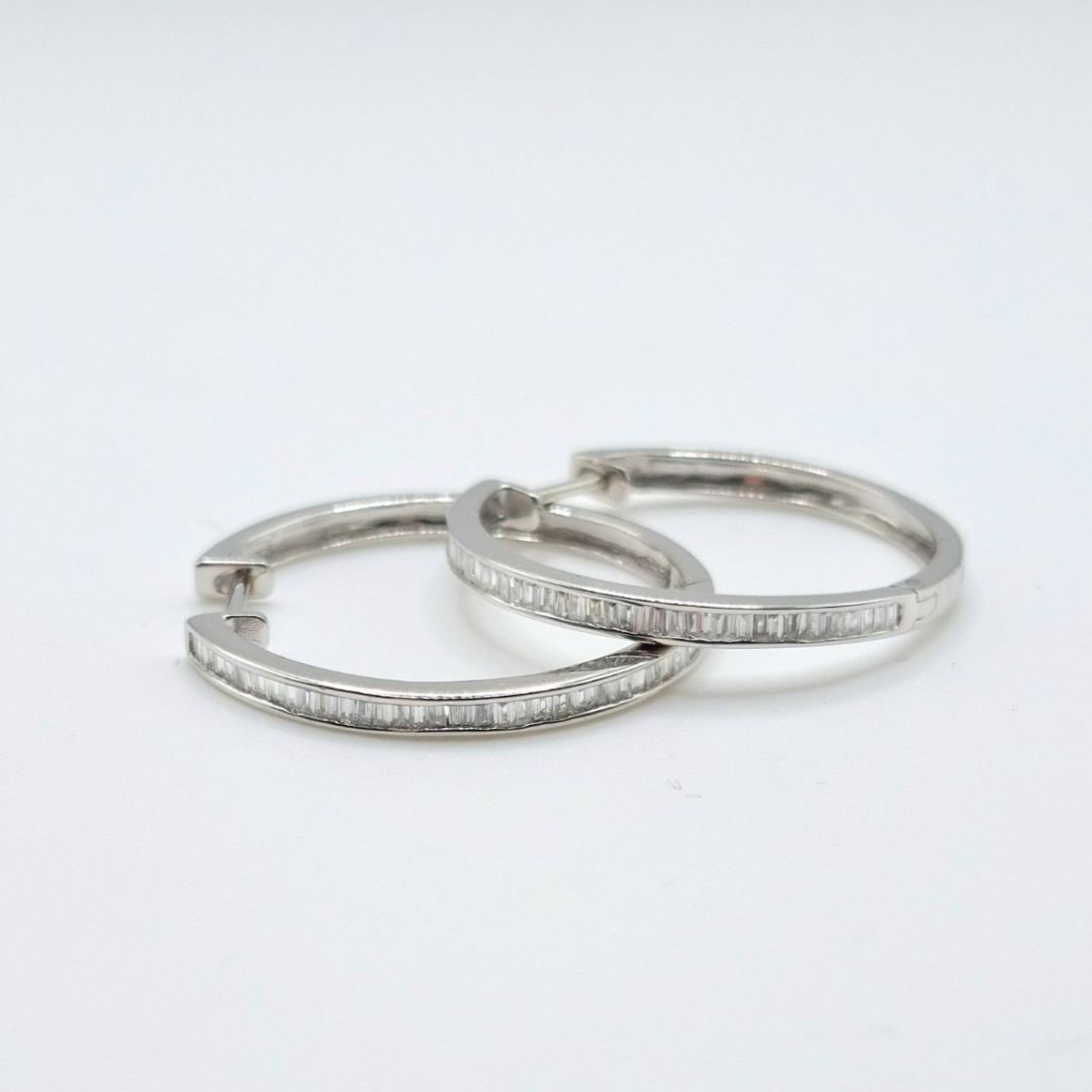 .60 CTW Baguette Diamond Hoop Earrings 18K White Gold