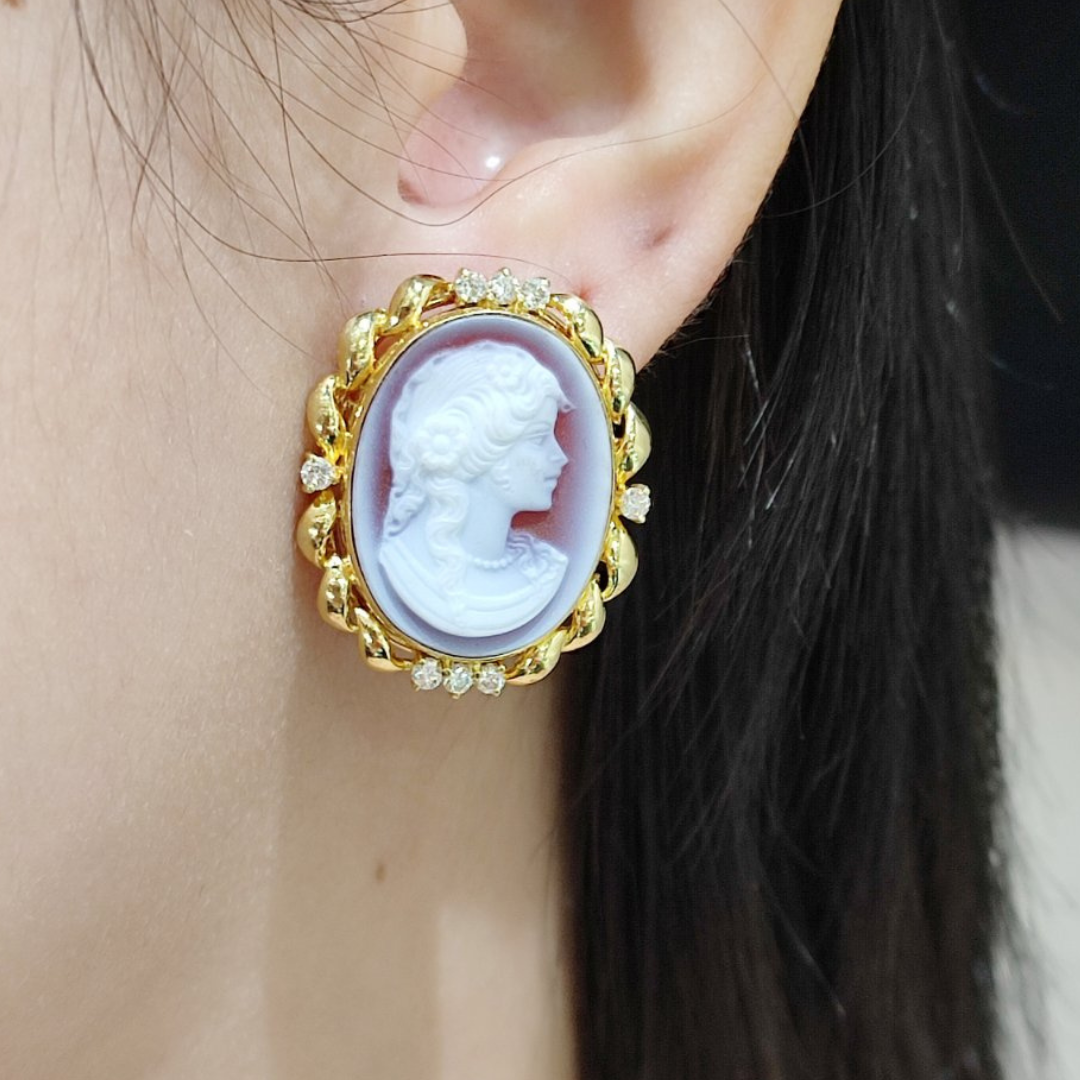 Vintage Cameo Earrings, West Germany Earrings, popular Diamond Cameo Earrings