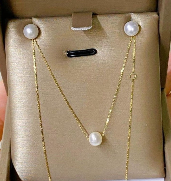 Pearl Earrings Necklace Jewelry Set 18K Gold - Main Image