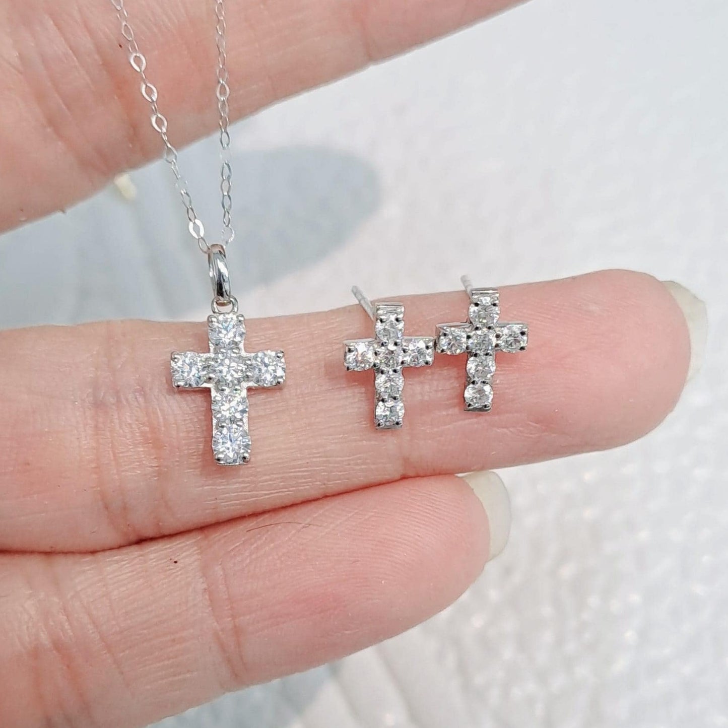 Moissanite Cross Pendant/Earrings 18K Gold