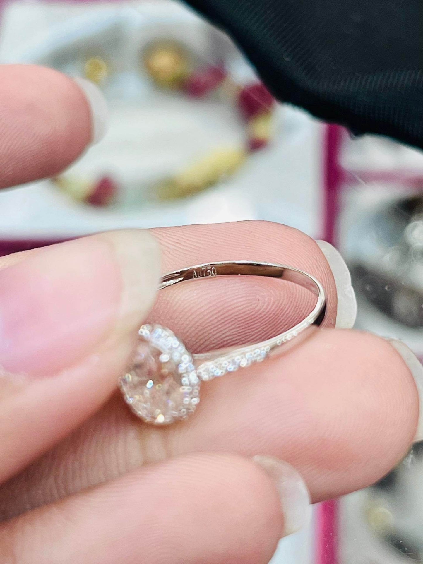 Oval Cut Moissanite Halo Engagement Ring with Paved Band 18K Gold