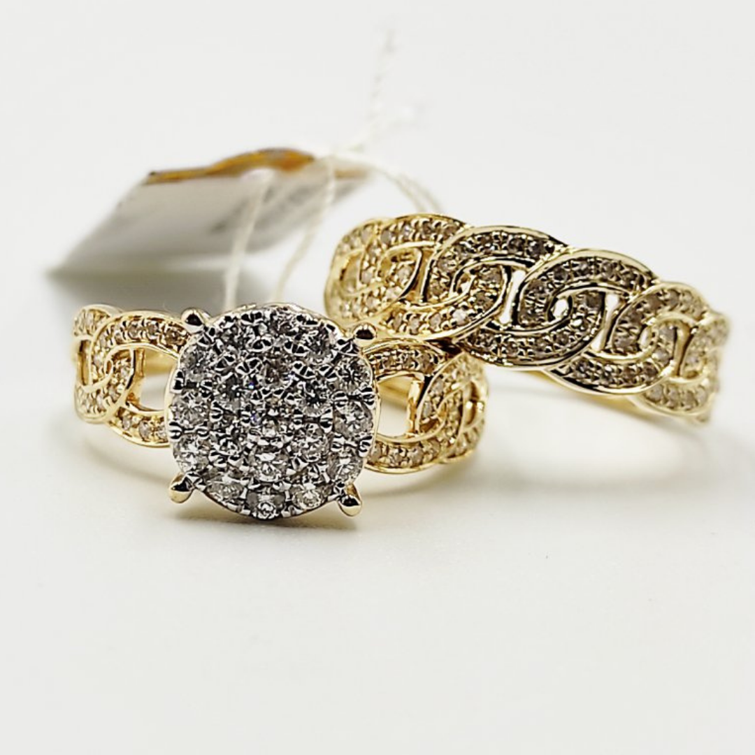 Round Diamond Engagement Ring and Chain Style Half Eternity Wedding Ring Bridal Set 14K Yellow Gold