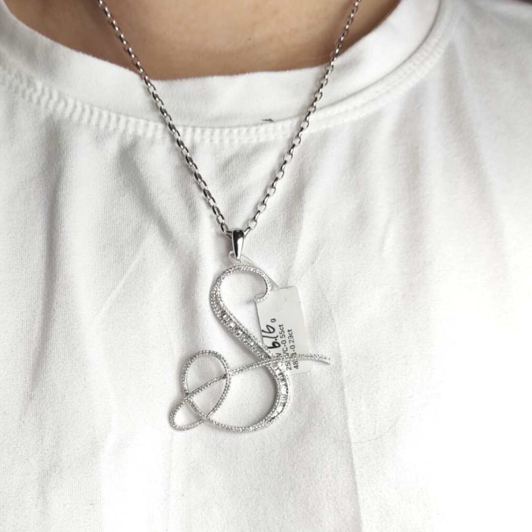 Letter S Diamond Pendant 14K White Gold