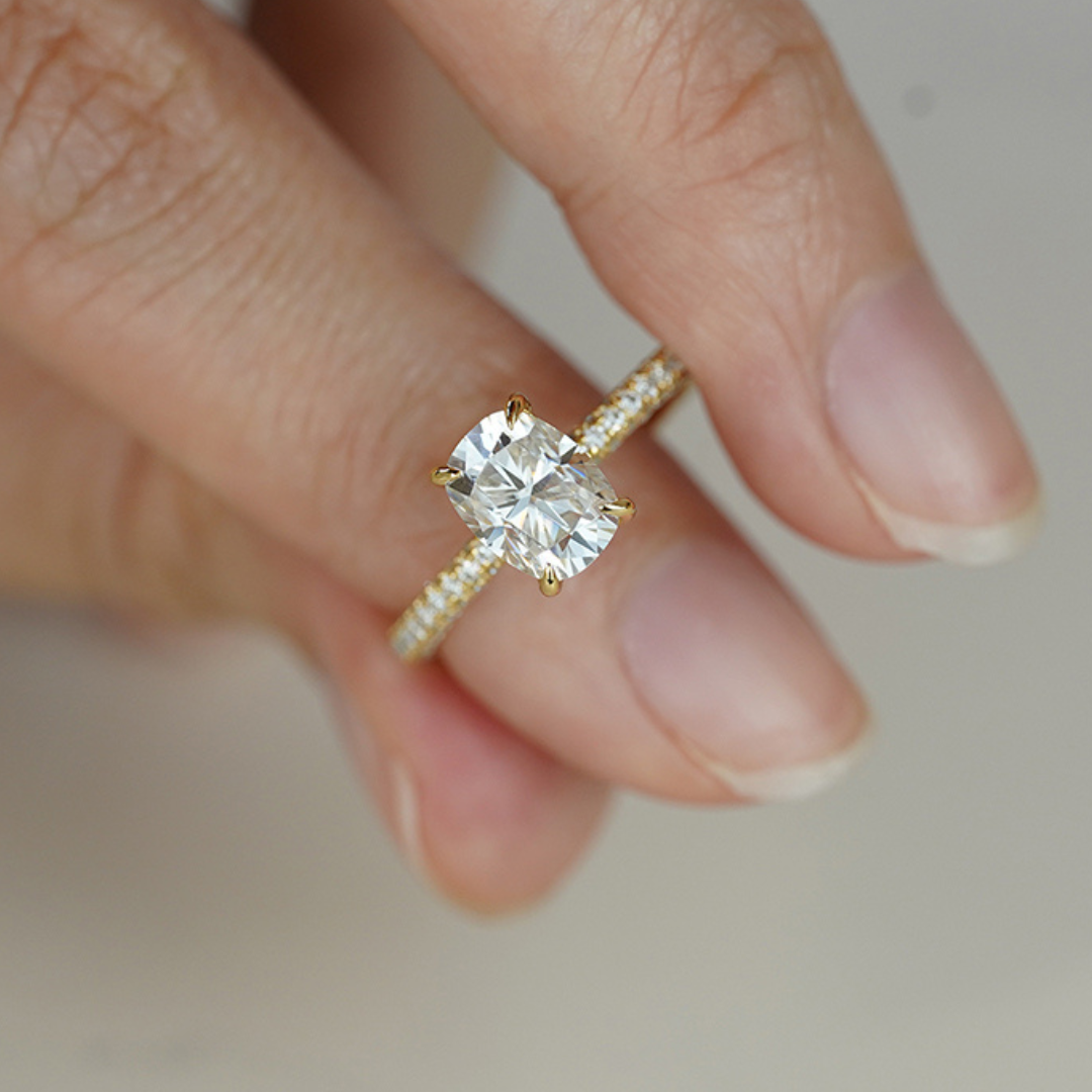 ALTHEA 1.5CT Cushion Moissanite Engagement Ring Oval Cut Hidden Halo Paved Band