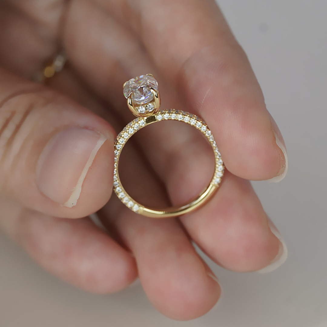 ALTHEA 1.5CT Cushion Moissanite Engagement Ring, Oval Cut Hidden Halo Paved Band