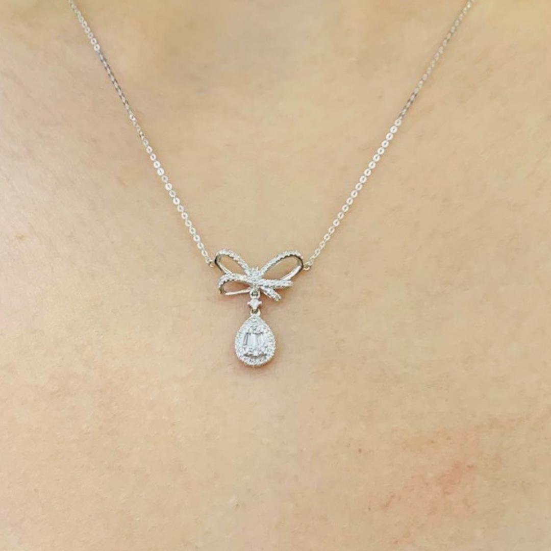 Luxury Bow Pear Diamond Drop Necklace 14K Gold