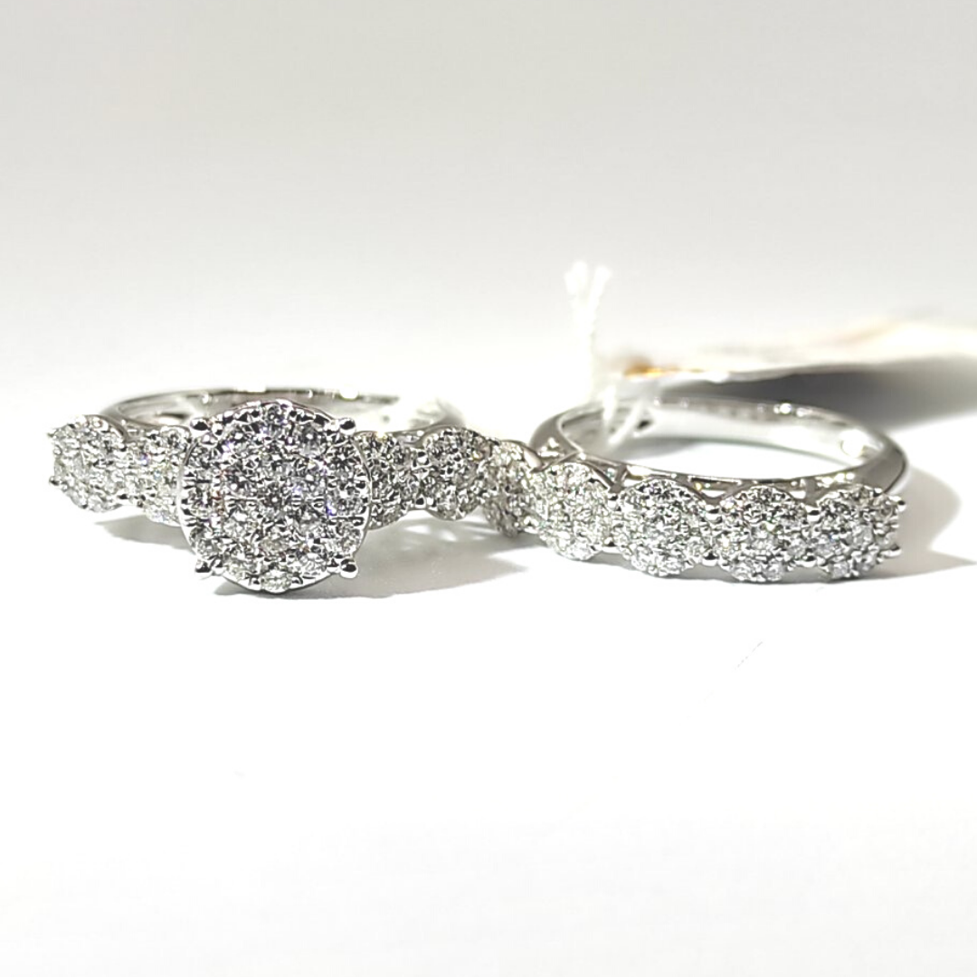 Round Illusion Diamond Engagement Ring and Round Illusion Half Eternity Wedding Ring Bridal Set 14K White Gold