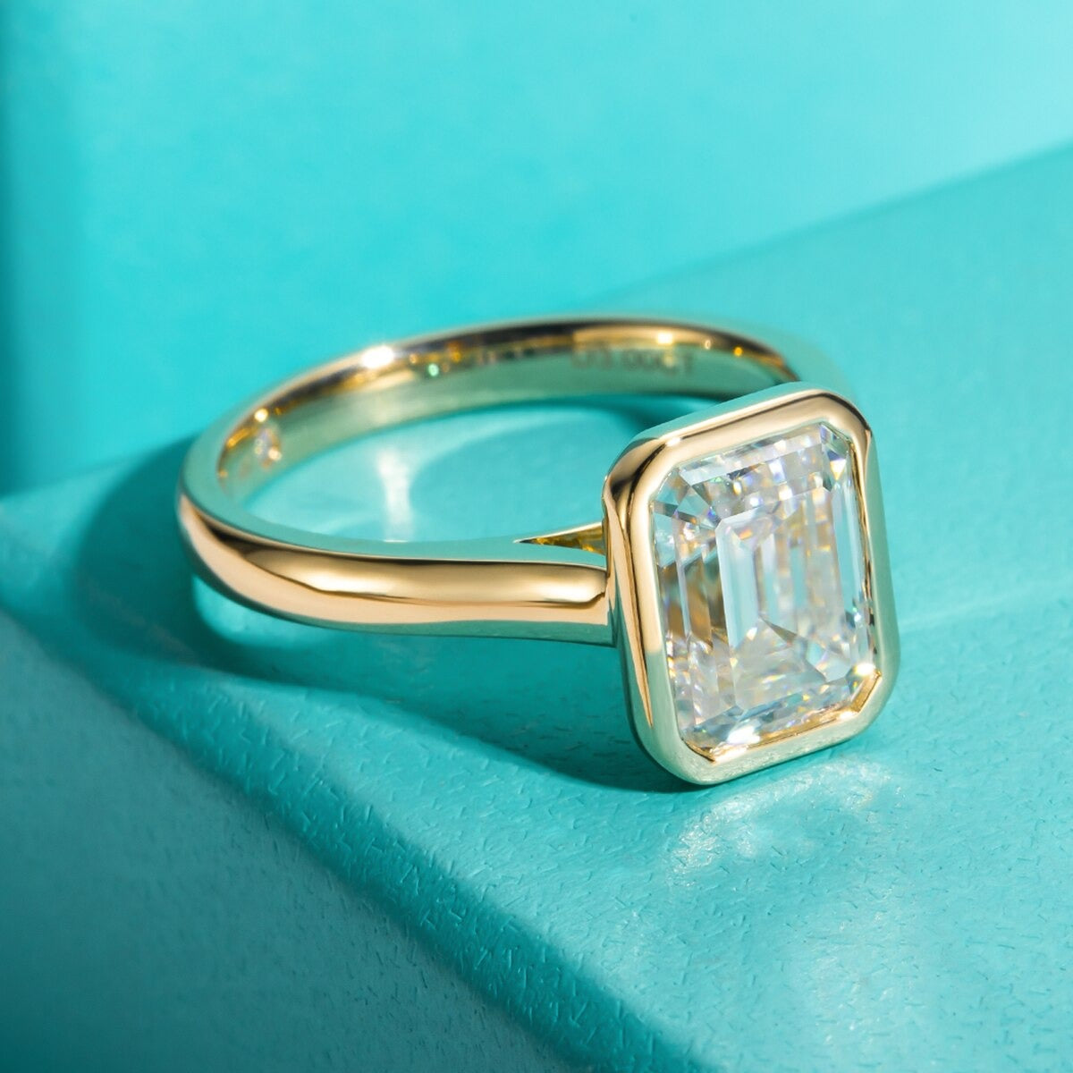 Emerald Cut Bezel Moissanite Engagement Ring 925 Silver