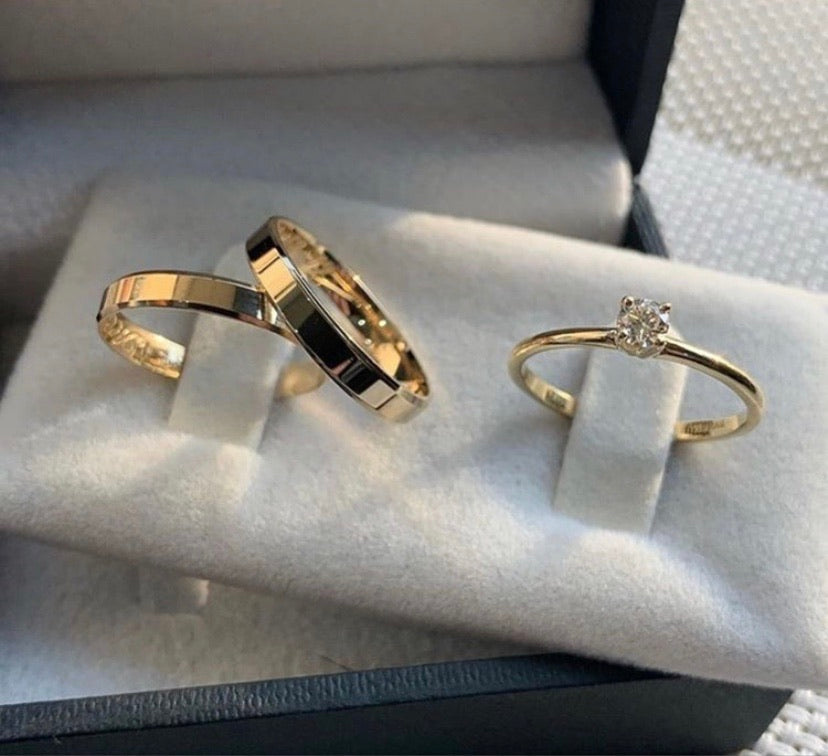 ASTOR Engagement-Wedding Rings Shiny Finish, Beveled Edge, with Zircon in 14K Gold Vermeil