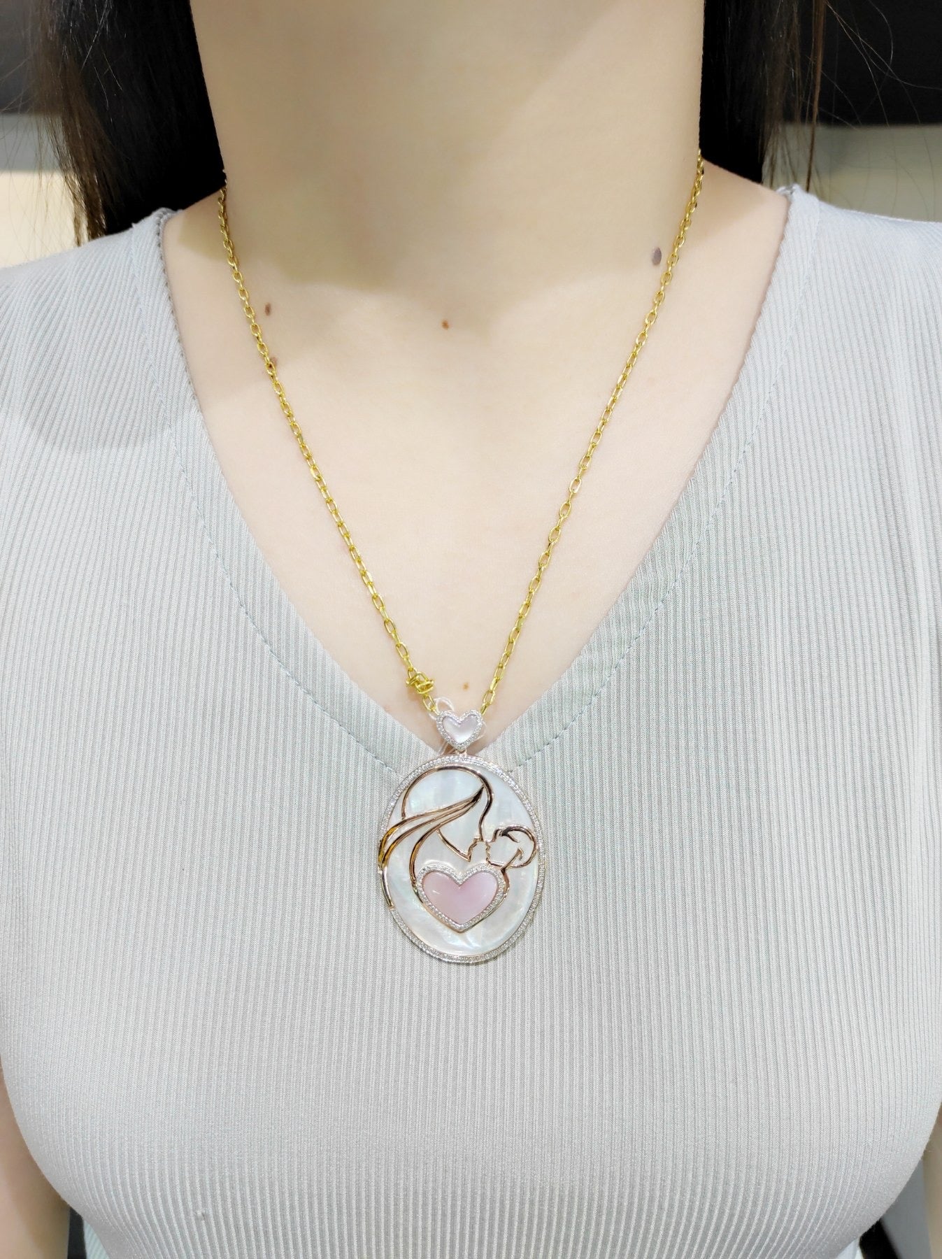 Mother & Child Mother of Pearl Diamond Pendant 14K White Gold