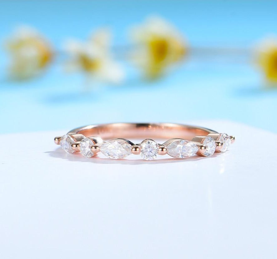 Marquise-Round Moissanite Half Eternity Wedding Ring / Women's Stacking Ring