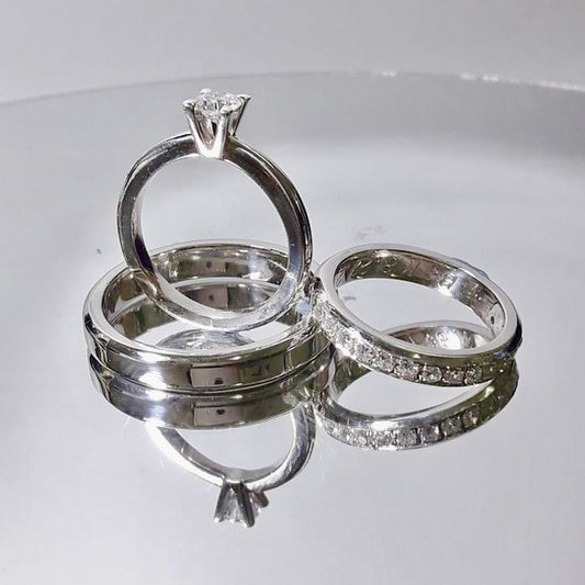 .45ct Solitaire Engagement Ring with Paved Bridal Band and Beveled Edge Wedding Band in 925 Sterling Silver Rhodium - ZNZ Jewelry Philippines