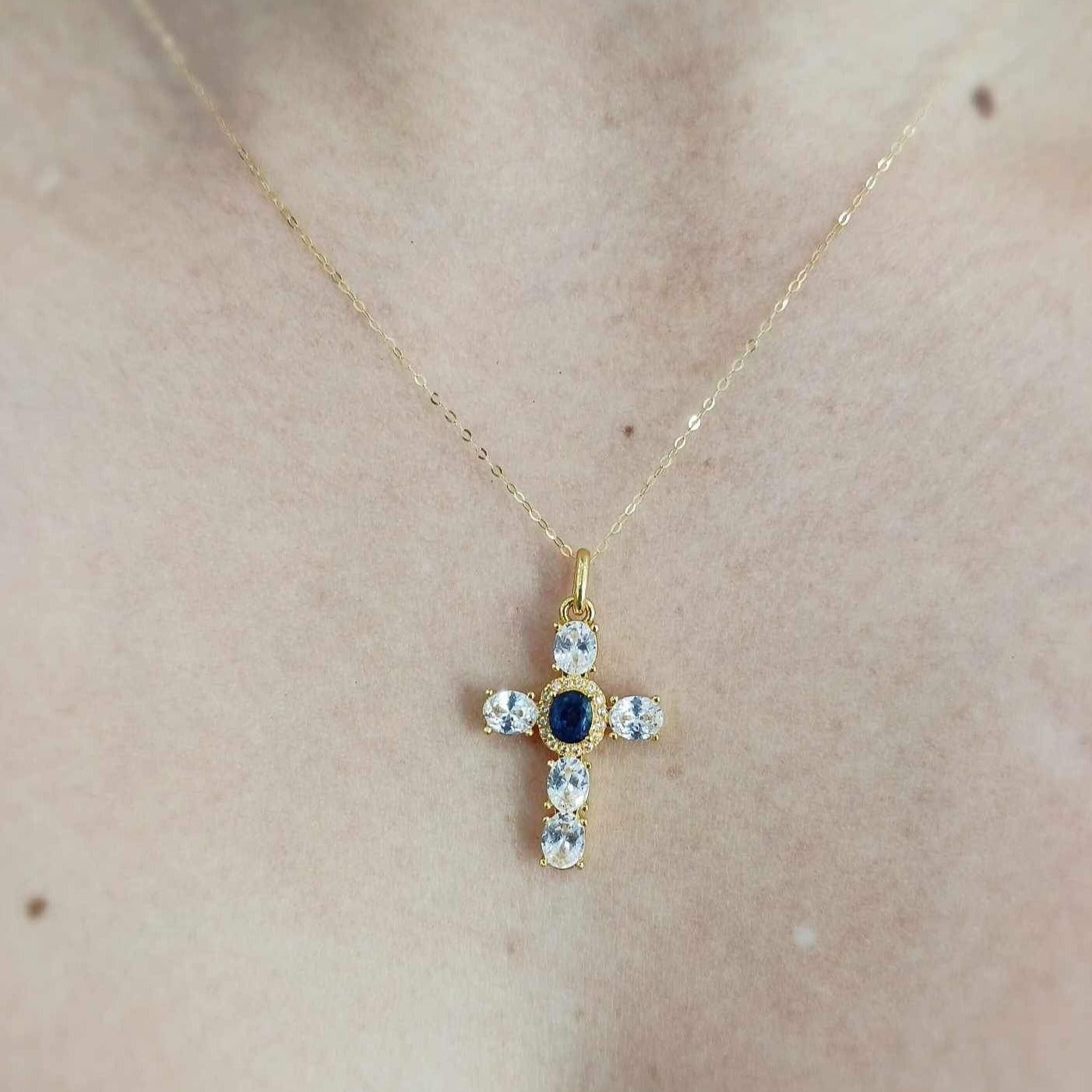 Blue Moissanite Cross Women’s Necklace 18K Gold