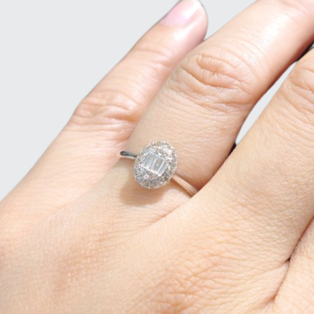 Eternal Radiance 18K White Gold Oval Halo Baguette Diamond Engagement Ring