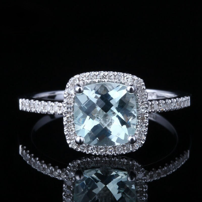 Aquamarine Diamond Halo Engagement Ring 14K White Gold