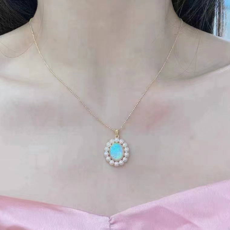 Opal Pearl Halo Pendant Necklace 18K