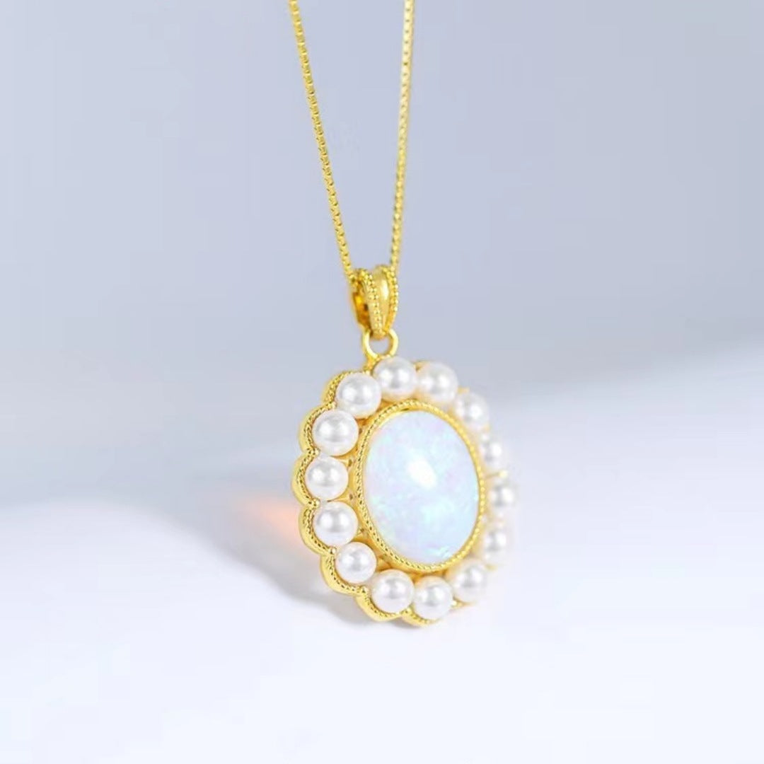 Opal Pearl Halo Pendant Necklace 18K