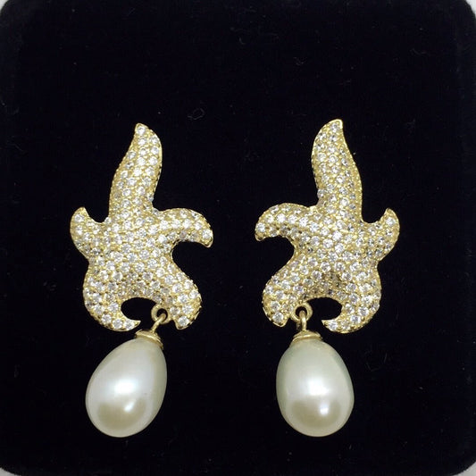 Dangling Starfish Pearl Earrings 18K Gold