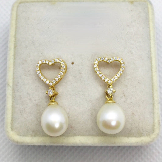 Drop Heart Pearl Earrings 18K Gold