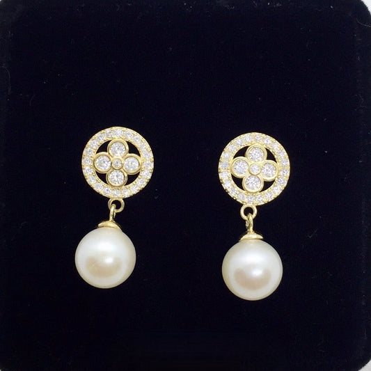 Dangling Pearl Floral Earrings 18K Gold