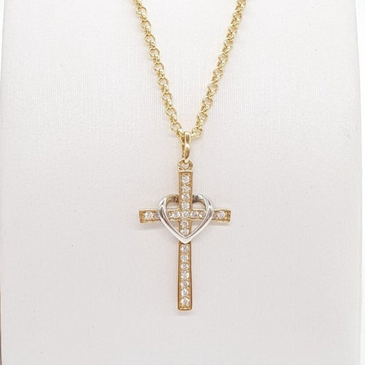 Heart Cross Necklace in Yellow Gold