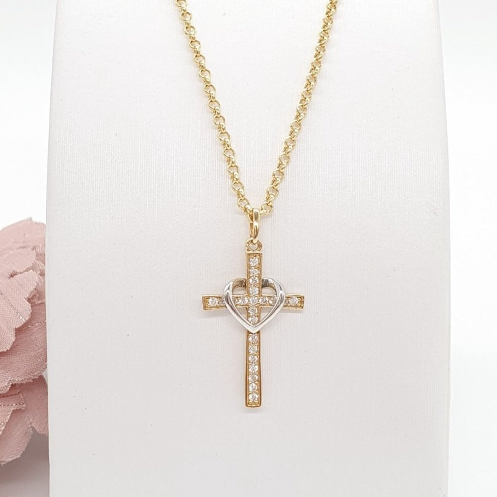 Heart Cross Necklace in Yellow Gold