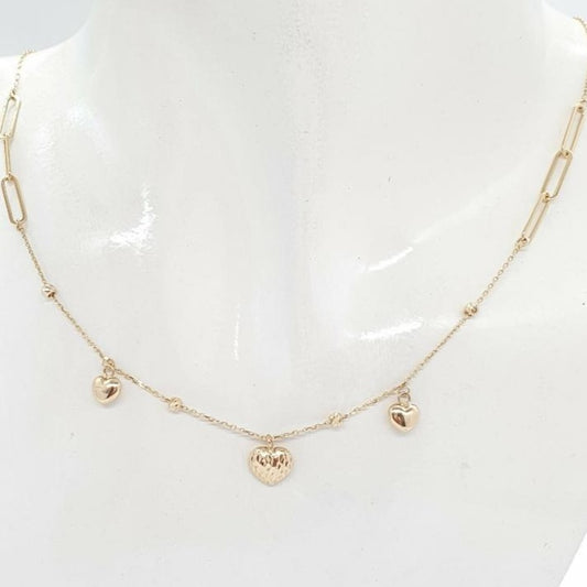 Three Heart Station Necklace 18K Gold