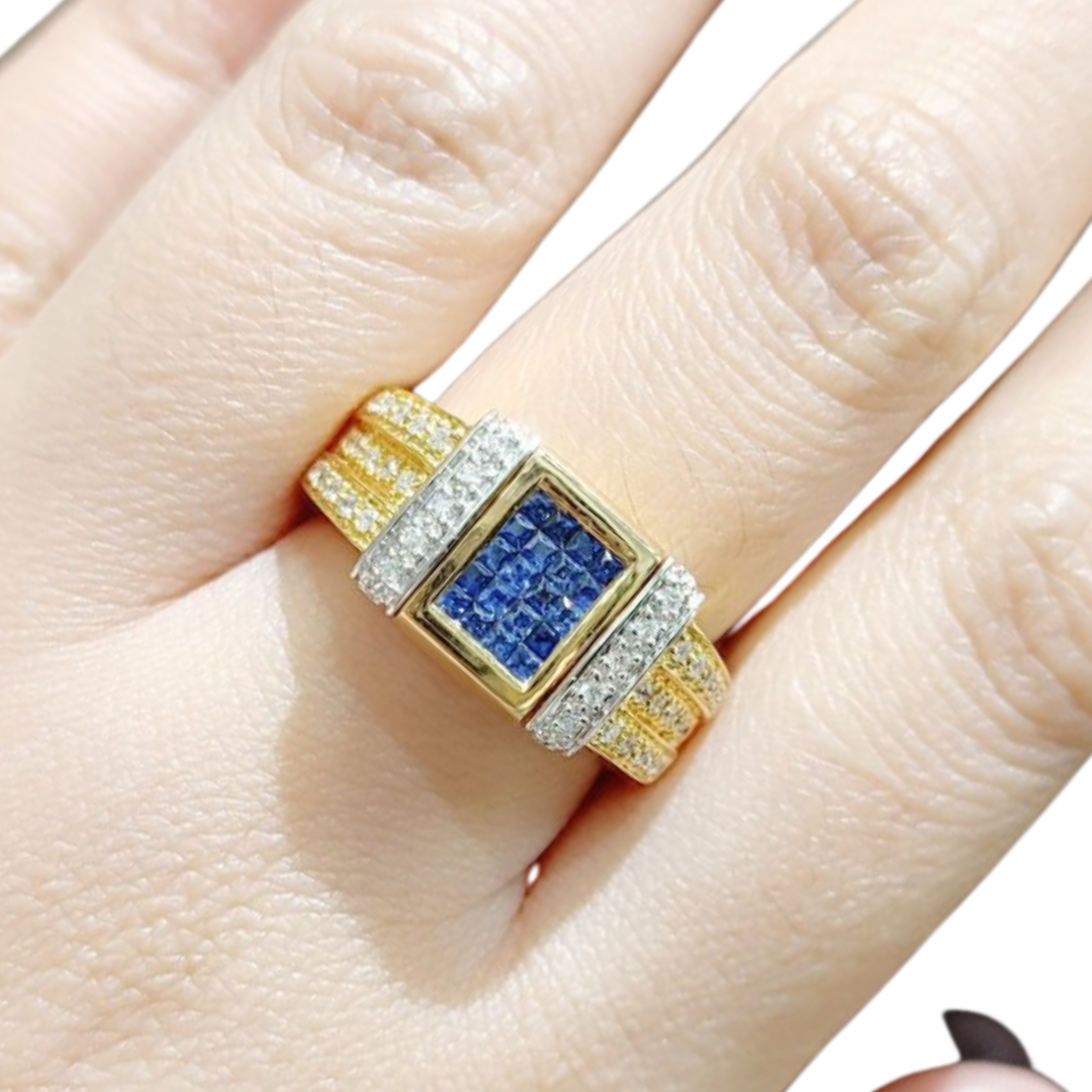 .40ctw Blue Sapphire Square Cluster Diamond Men's Ring 14K Gold