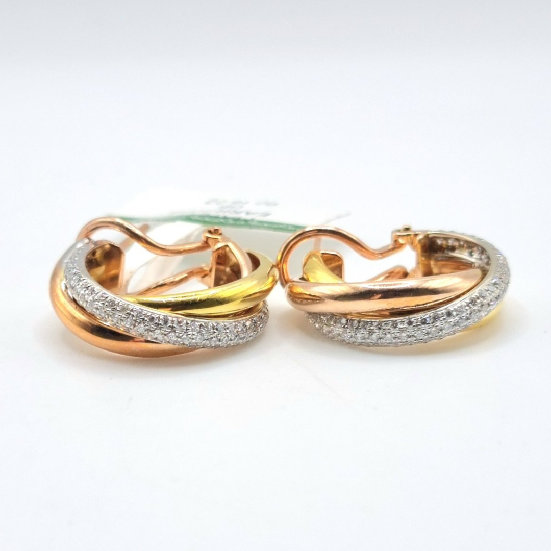 1.20 CT Tricolor Intertwined Hoop Diamond Earrings 18K Gold