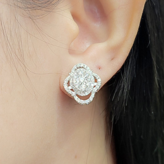 1.50 CT Oval Star Halo Diamond Earrings 18K White Gold