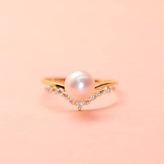 Pearl Diamond Bridal V-Shaped Wedding Ring / Women's Stacking Ring