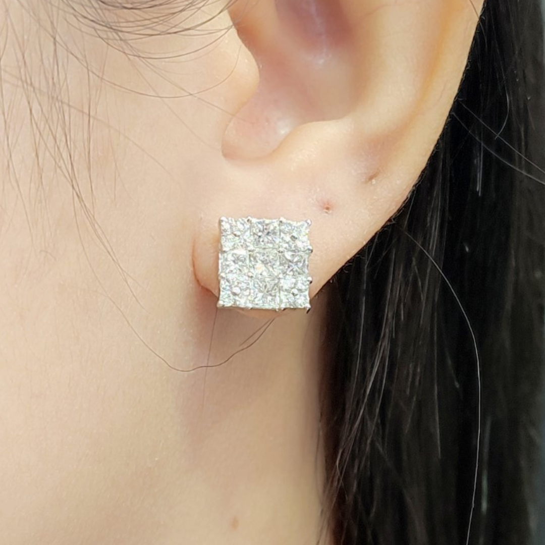 2.0 CT Princess Illusion Diamond Earrings 18K White Gold