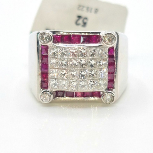 2.2ctw Diamond with Ruby Halo Men's Ring 18K White Gold