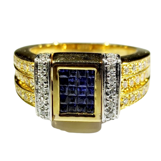 .40ctw Blue Sapphire Square Cluster Diamond Men's Ring 14K Gold