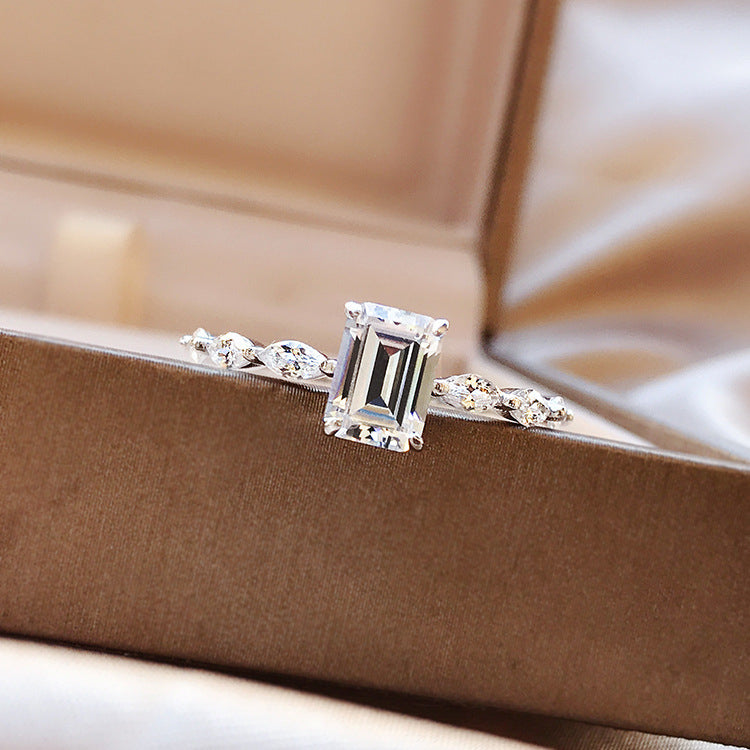 Emerald Cut Moissanite Engagement Ring with Marquise Sides 18K Gold