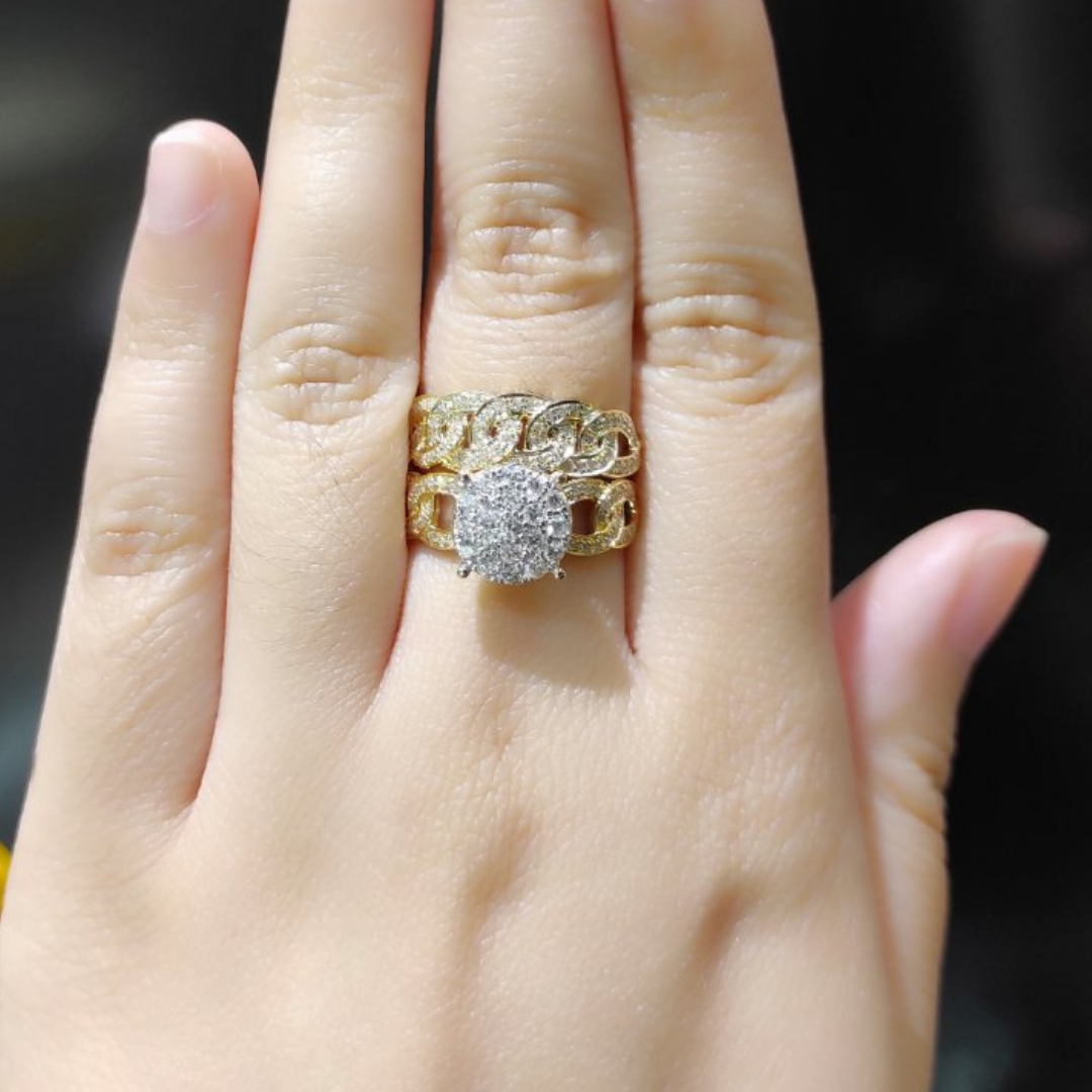Round Diamond Engagement Ring and Chain Style Half Eternity Wedding Ring Bridal Set 14K Yellow Gold