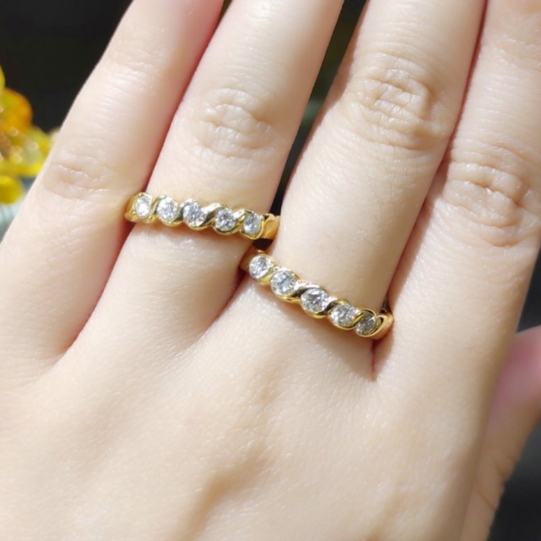 Diamond Twist Bezel Half Eternity Wedding Rings 18K Yellow Gold