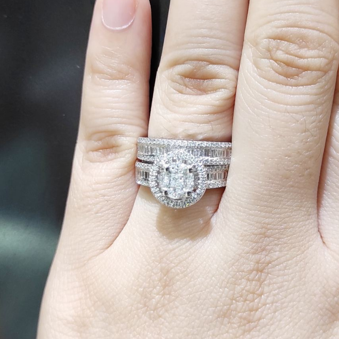 Diamond Halo Engagement Ring / Half Eternity Wedding Band Bridal Set 14K White Gold