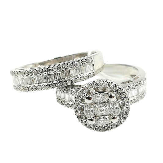 Diamond Halo Engagement Ring / Half Eternity Wedding Band Bridal Set 14K White Gold