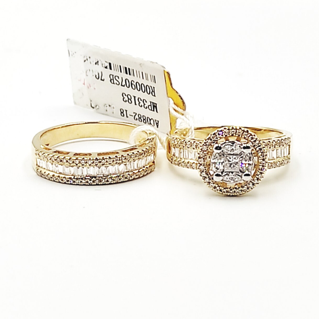 Diamond Halo Engagement Ring / Half Eternity Wedding Band Bridal Set 14K Yellow Gold