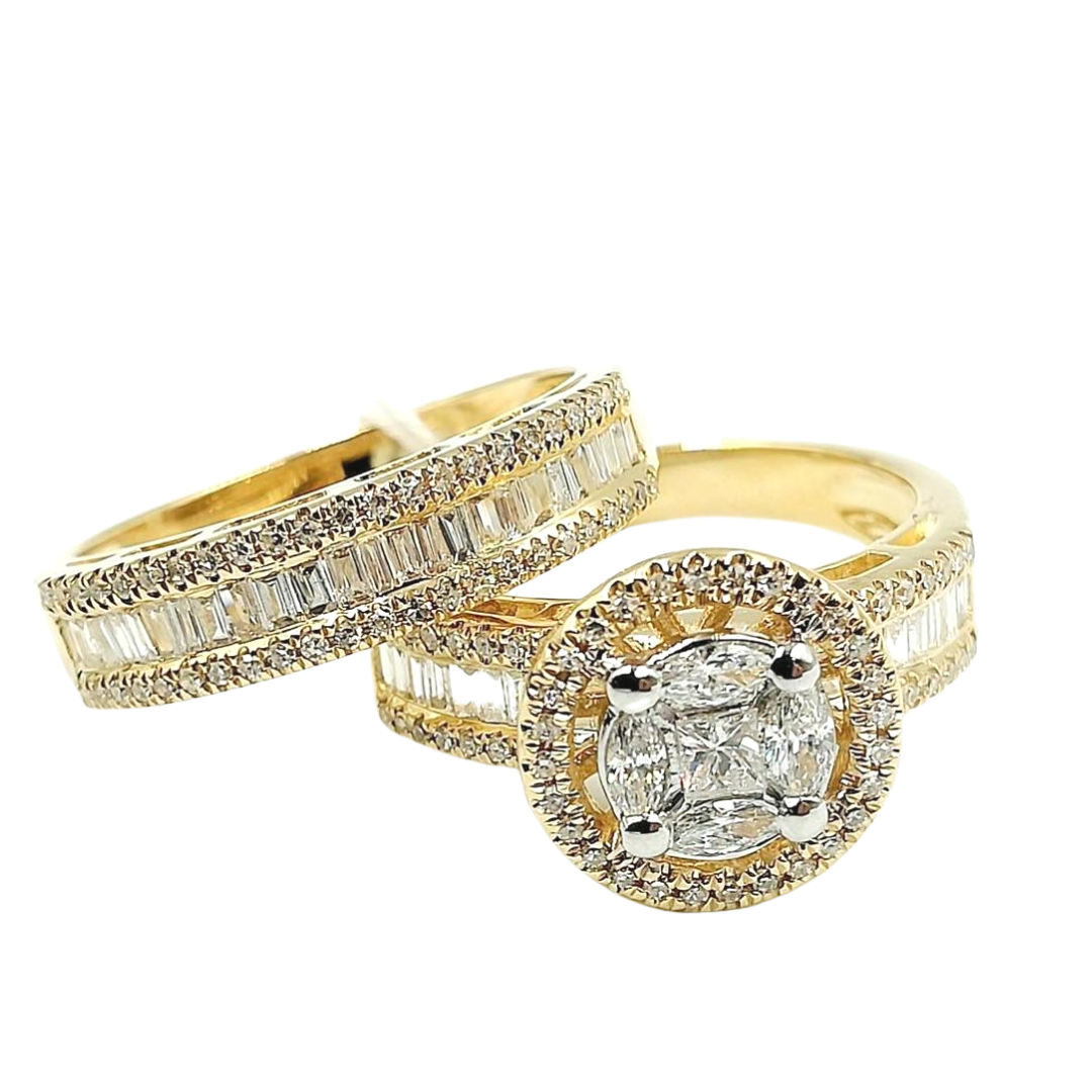 Diamond Halo Engagement Ring / Half Eternity Wedding Band Bridal Set 14K Yellow Gold