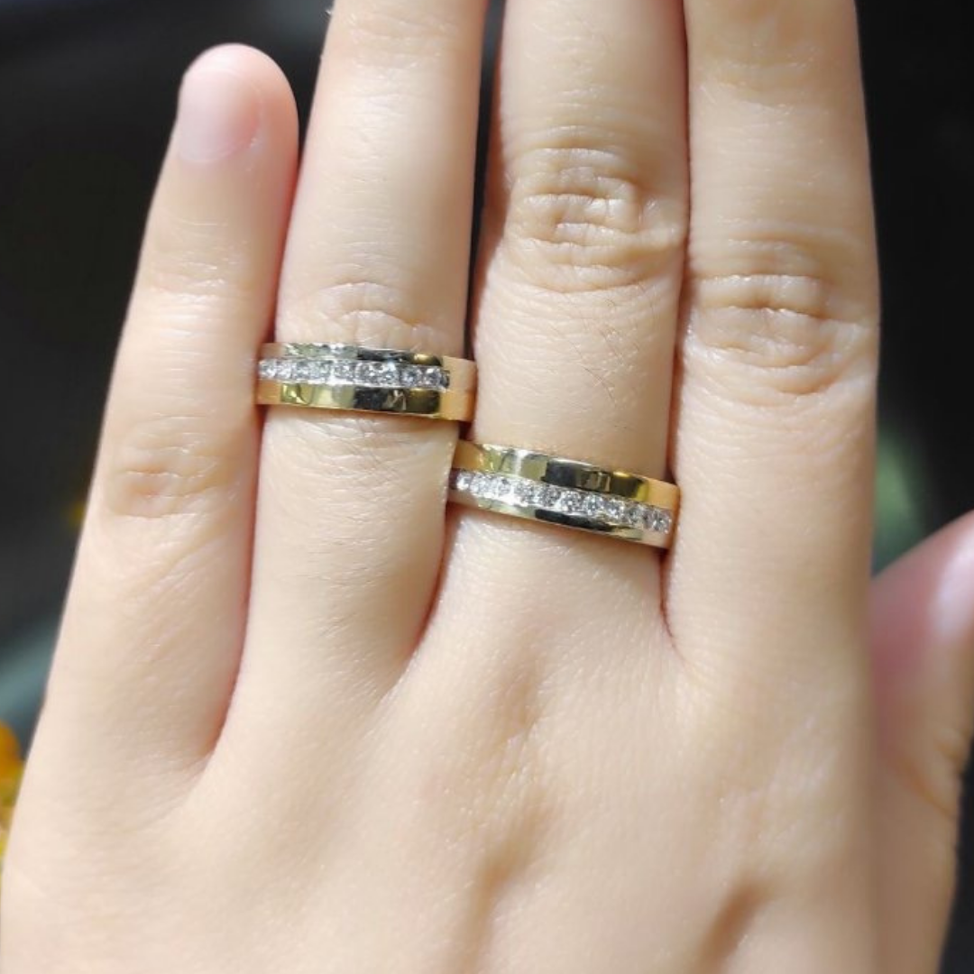Double Channel Diamond Wedding Rings 14K Gold