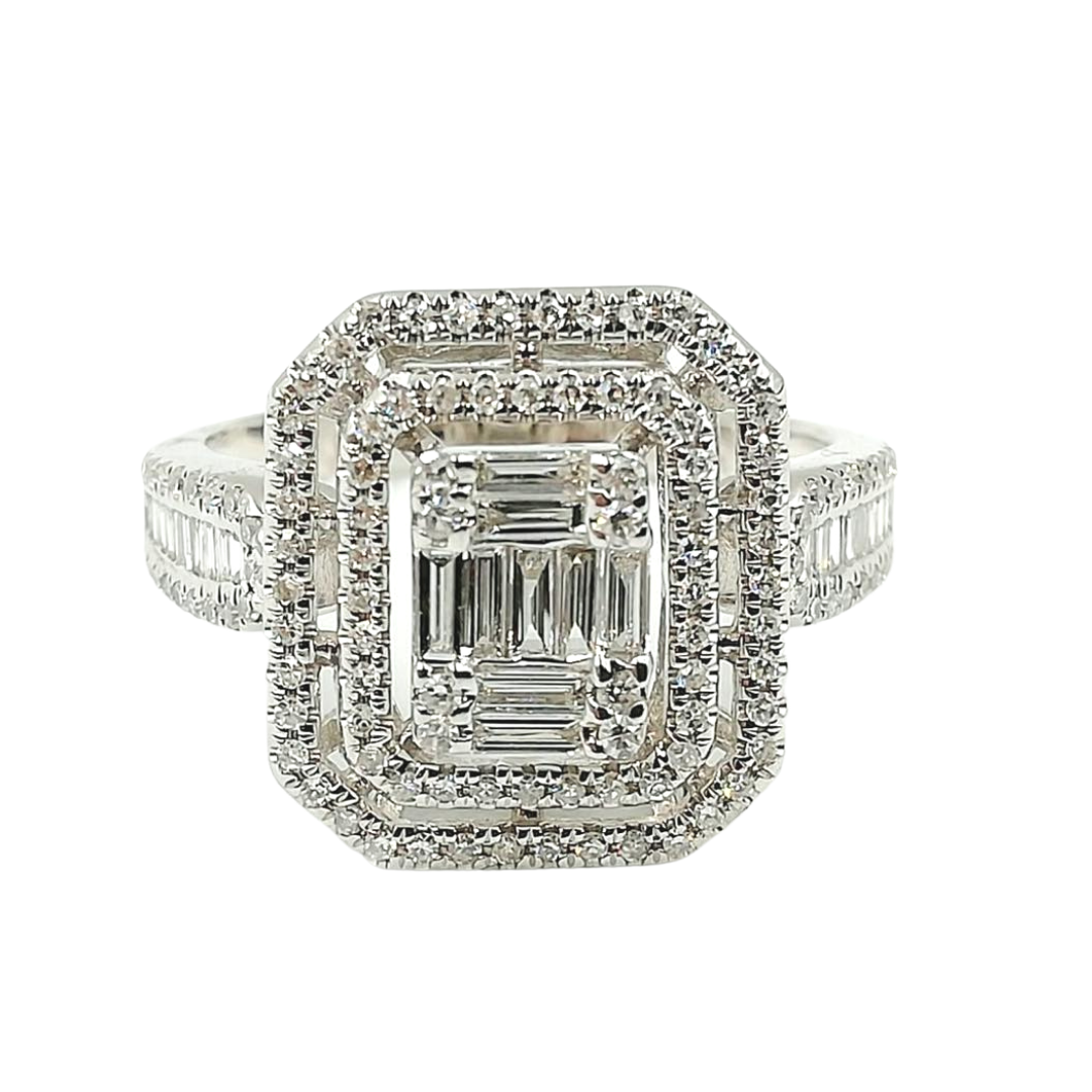 Emerald Cut Illusion Diamond Paved Engagement Ring 14K White Gold