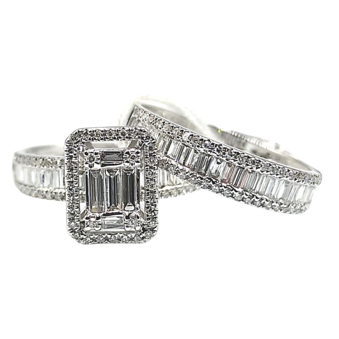 Emerald Illusion Halo Diamond Engagement Ring and Baguette Half Eternity Wedding Ring Bridal Set 14K White Gold