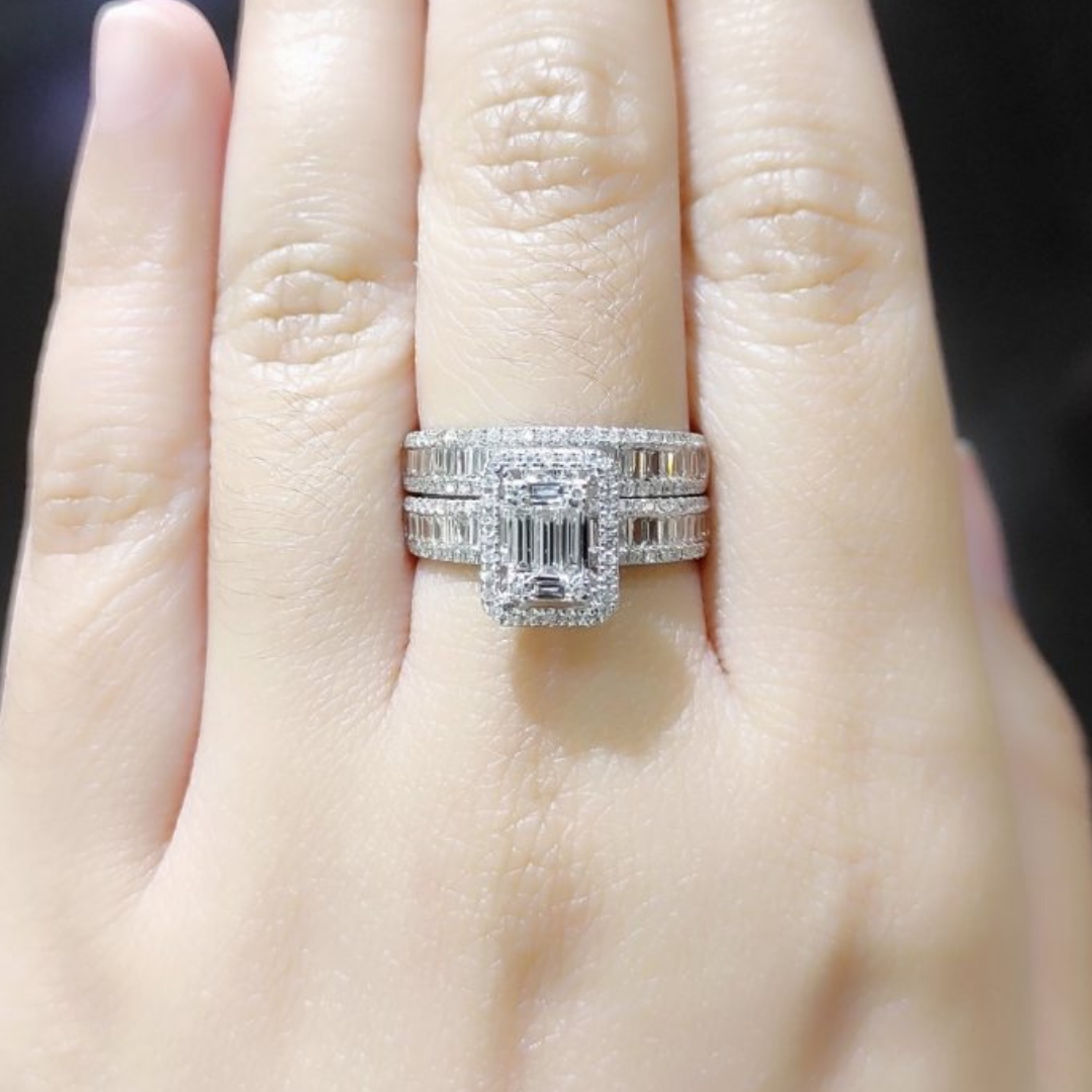 Emerald Illusion Halo Diamond Engagement Ring and Baguette Half Eternity Wedding Ring Bridal Set 14K White Gold
