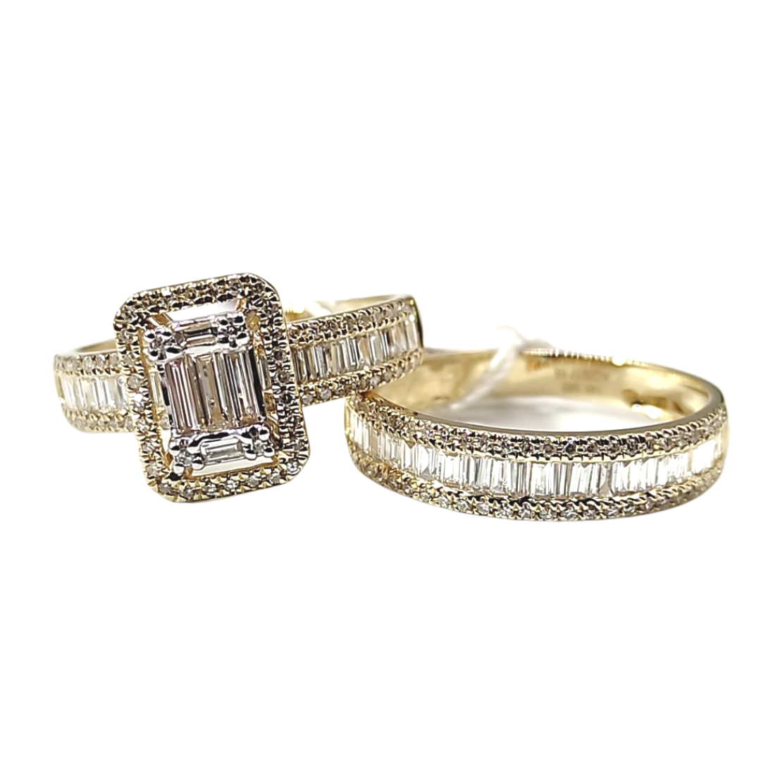 Emerald Illusion Halo Diamond Engagement Ring and Baguette Half Eternity Wedding Ring Bridal Set 14K Yellow Gold