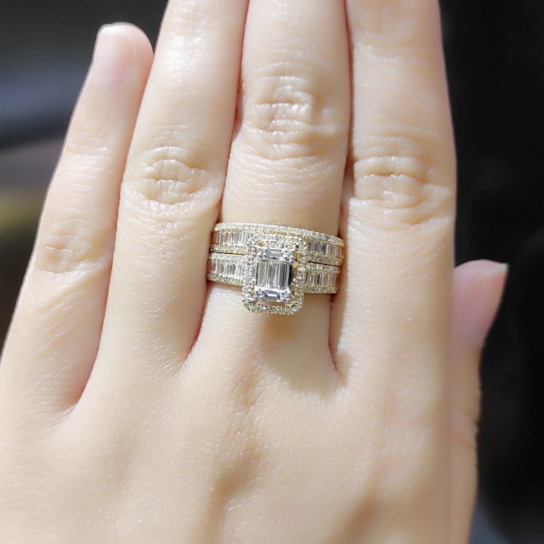 Emerald Illusion Halo Diamond Engagement Ring and Baguette Half Eternity Wedding Ring Bridal Set 14K Yellow Gold