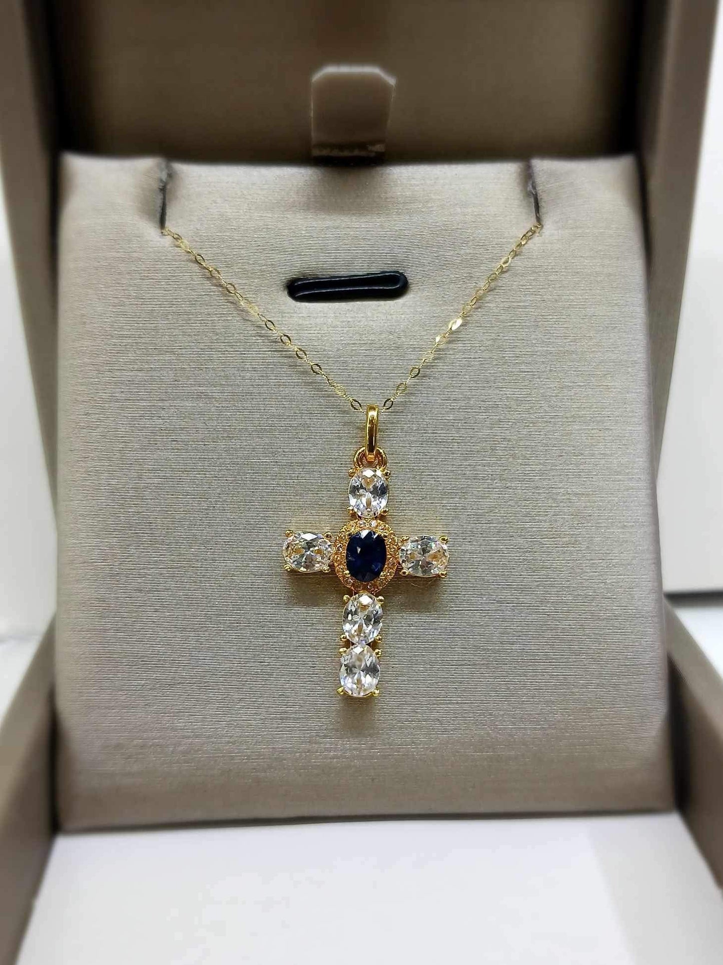 Blue Moissanite Cross Women’s Necklace 18K Gold